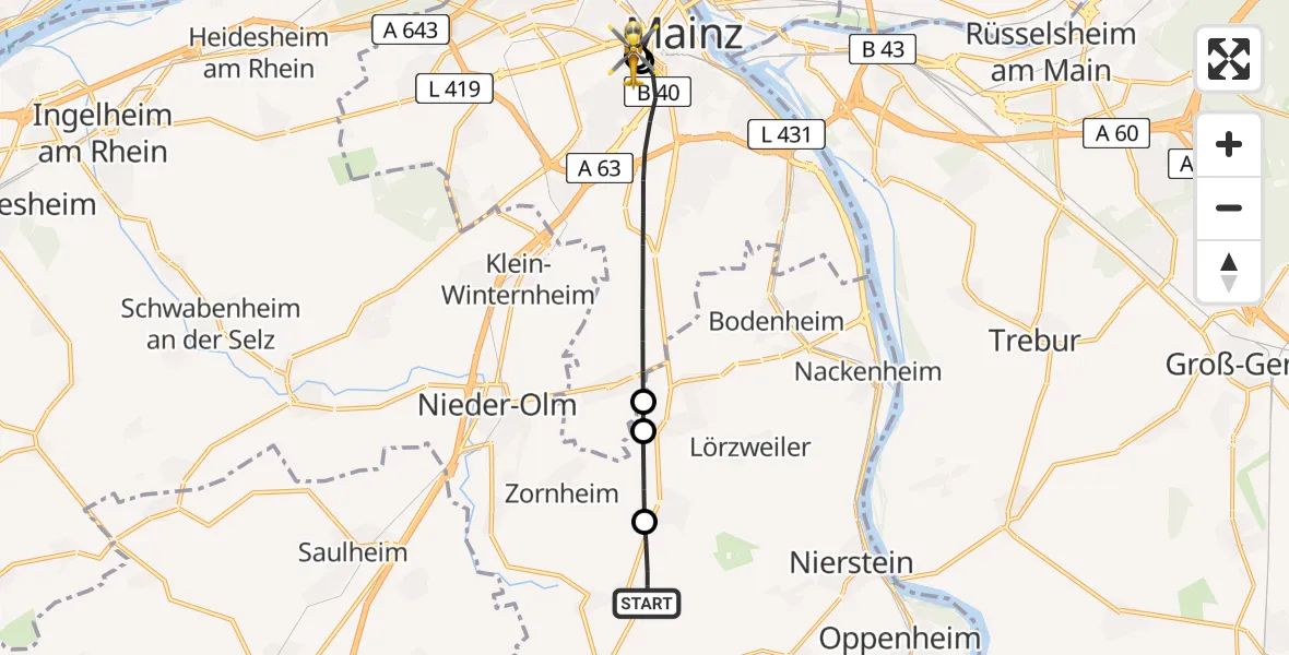 Flugroute Rettungshubschrauber Selzen - Mainz University Hospital, 01 Juli 2026, 09:04