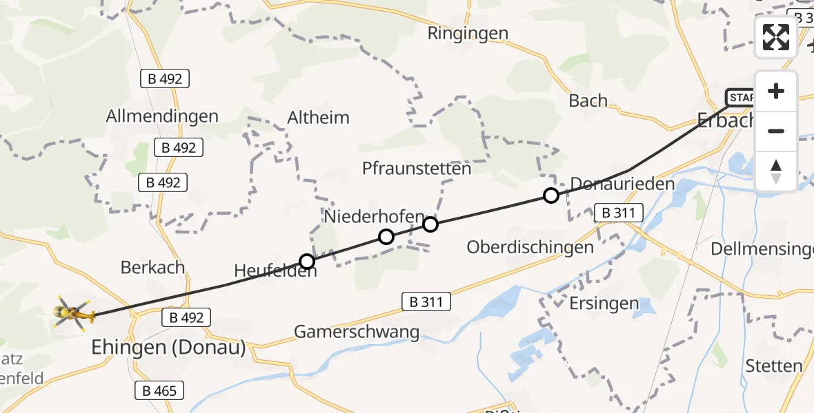 Flugroute Rettungshubschrauber Erbach - Ehingen (Donau), 01 Juli 2026, 09:05