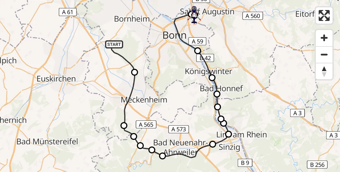 Flugroute Polizeihubschrauber Swisttal - Sankt Augustin, 01 Juli 2026, 09:04