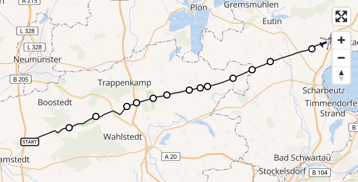 Flugroute Polizeihubschrauber Großenaspe - Sierksdorf, 01 Juli 2026, 09:05