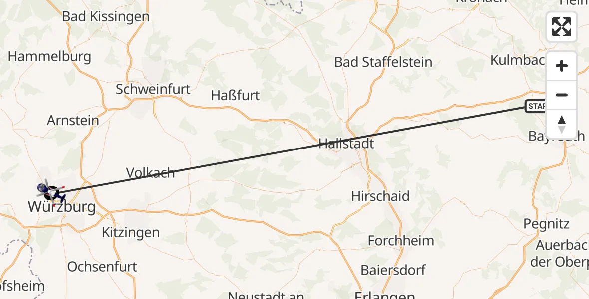 Flugroute Polizeihubschrauber Neudrossenfeld - Würzburg-Schenkenturm Flugplatz, 01 Juli 2026, 09:09