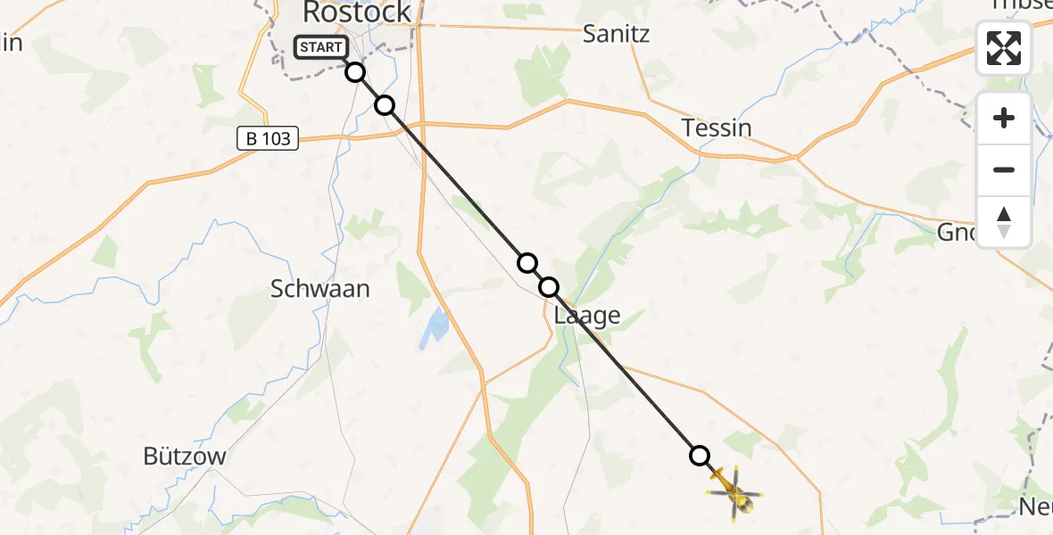 Flugroute Rettungshubschrauber Rostock - Dalkendorf, 01 Juli 2026, 09:10