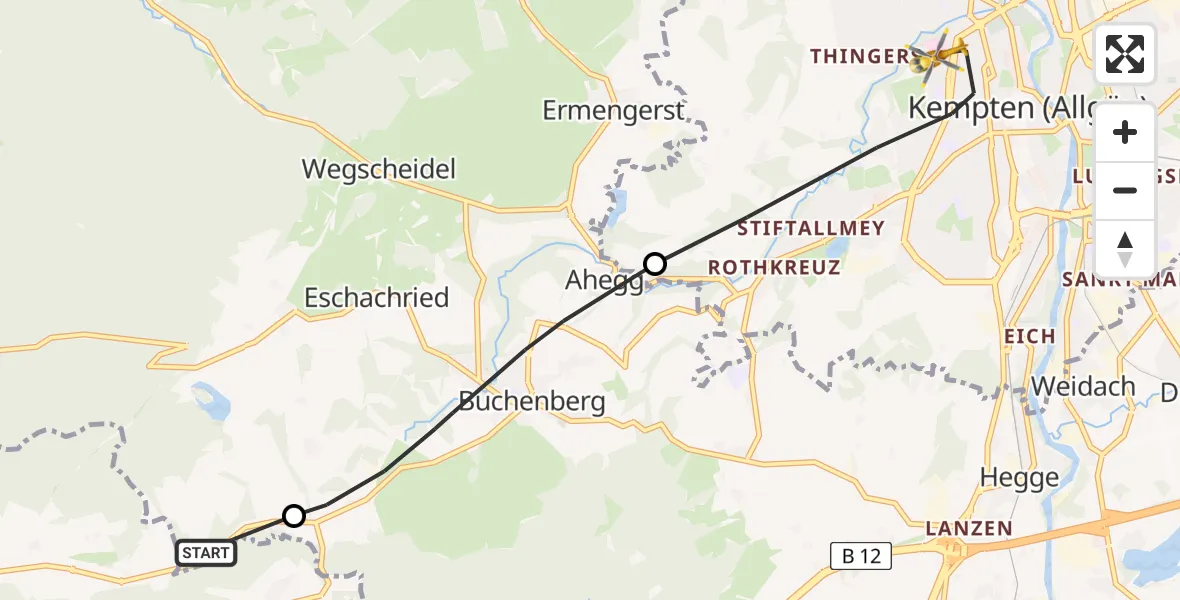 Flugroute Rettungshubschrauber Weitnau - Kempten (Allgäu), 01 Juli 2026, 09:11