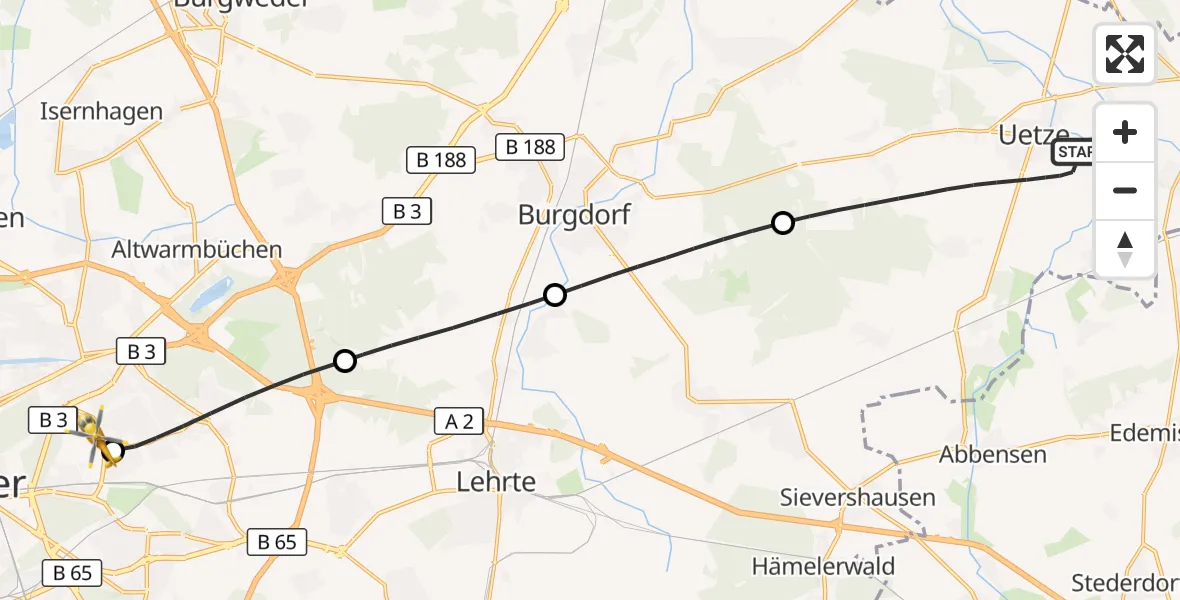 Flugroute Rettungshubschrauber Uetze - Hannover Luftrettung Hubschrauberlandeplatz (Christoph 4), 01 Juli 2026, 09:13