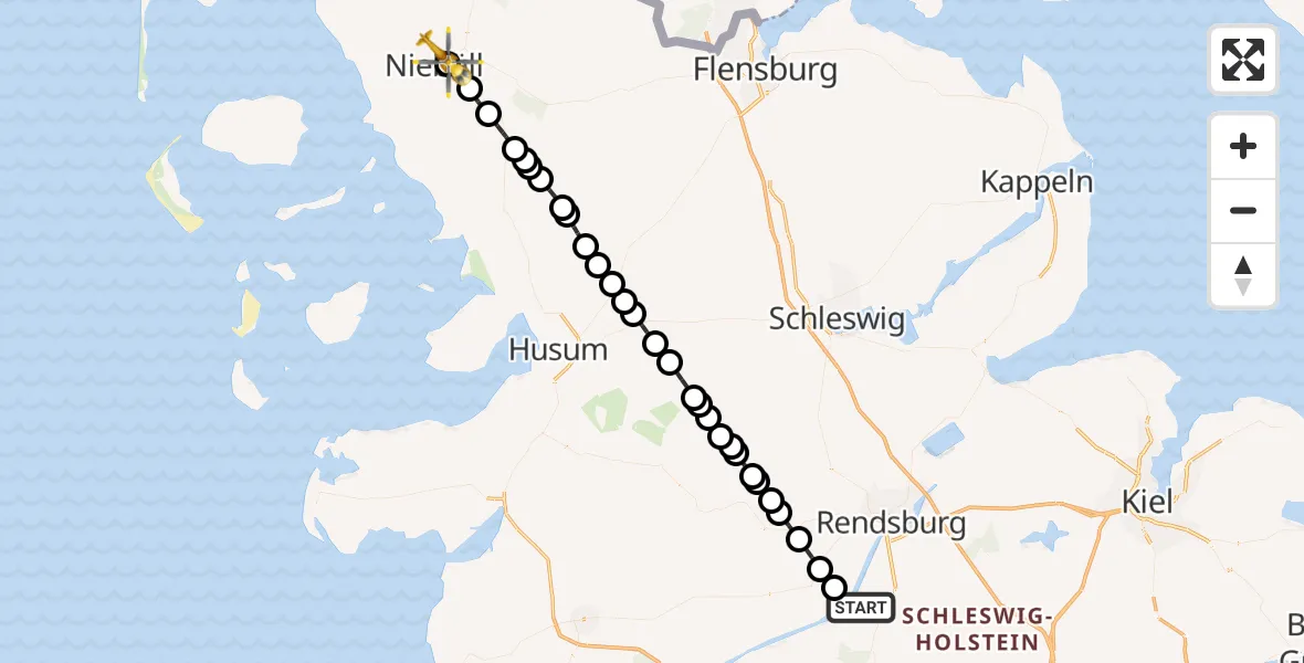 Flugroute Ambulanzhubschrauber Hörsten - Niebüll, 01 Juli 2026, 09:15