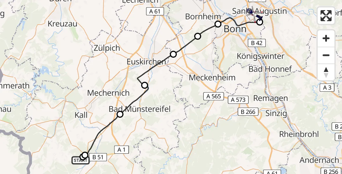 Flugroute Polizeihubschrauber Dahlem - Sankt Augustin, 01 Juli 2026, 09:18