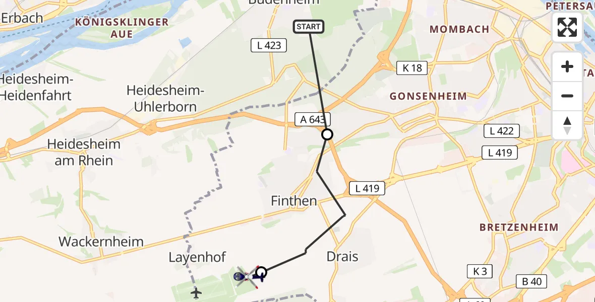 Flugroute Polizeihubschrauber Budenheim - Mainz-Finthen Flugplatz, 01 Juli 2026, 09:21