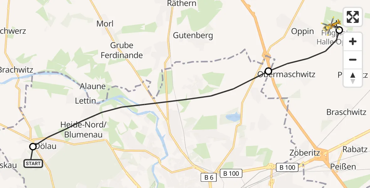 Flugroute Rettungshubschrauber Martha-Maria Halle-Dölau Hospital - Halle-Oppin Flugplatz, 01 Juli 2026, 09:24