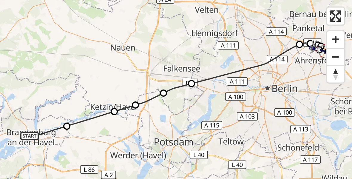 Flugroute Polizeihubschrauber Brandenburg an der Havel - Ahrensfelde Hubschrauberlandeplatz, 01 Juli 2026, 09:34