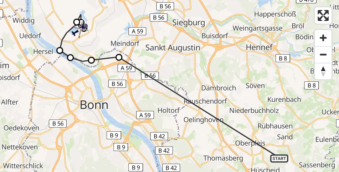Flugroute Polizeihubschrauber Königswinter - Troisdorf, 01 Juli 2026, 09:40