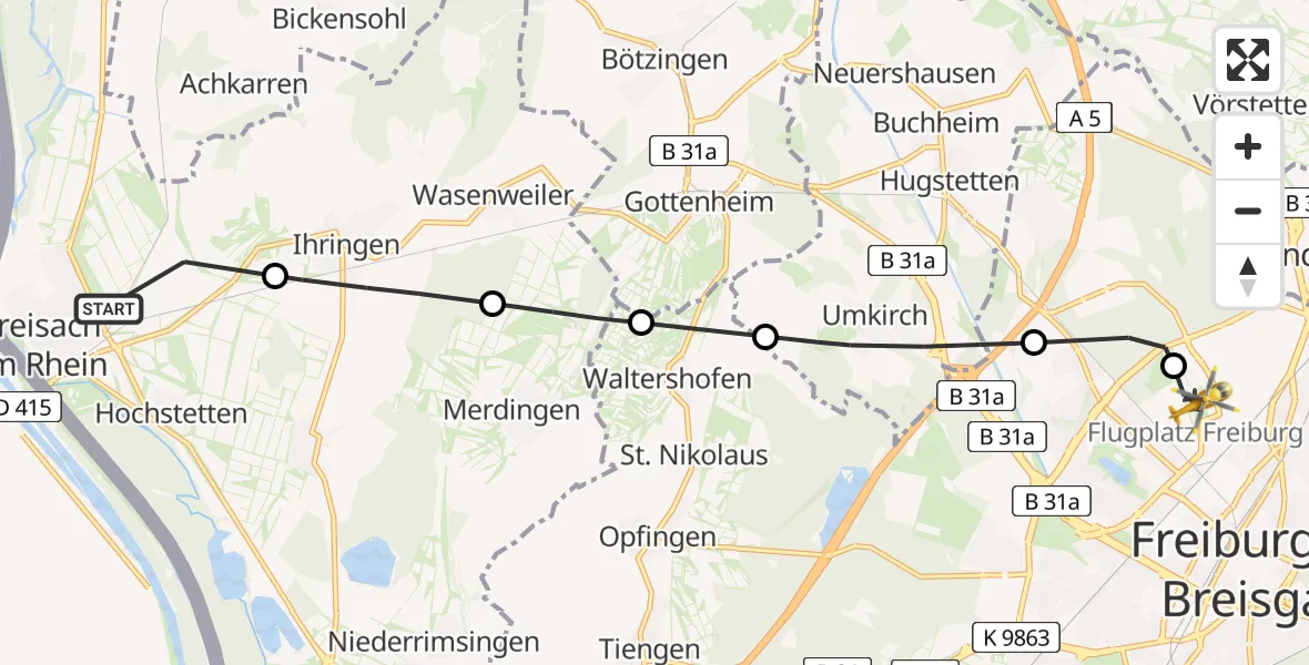 Flugroute Ambulanzhubschrauber Breisach am Rhein - Freiburg im Breisgau Flugplatz, 01 Juli 2026, 09:42