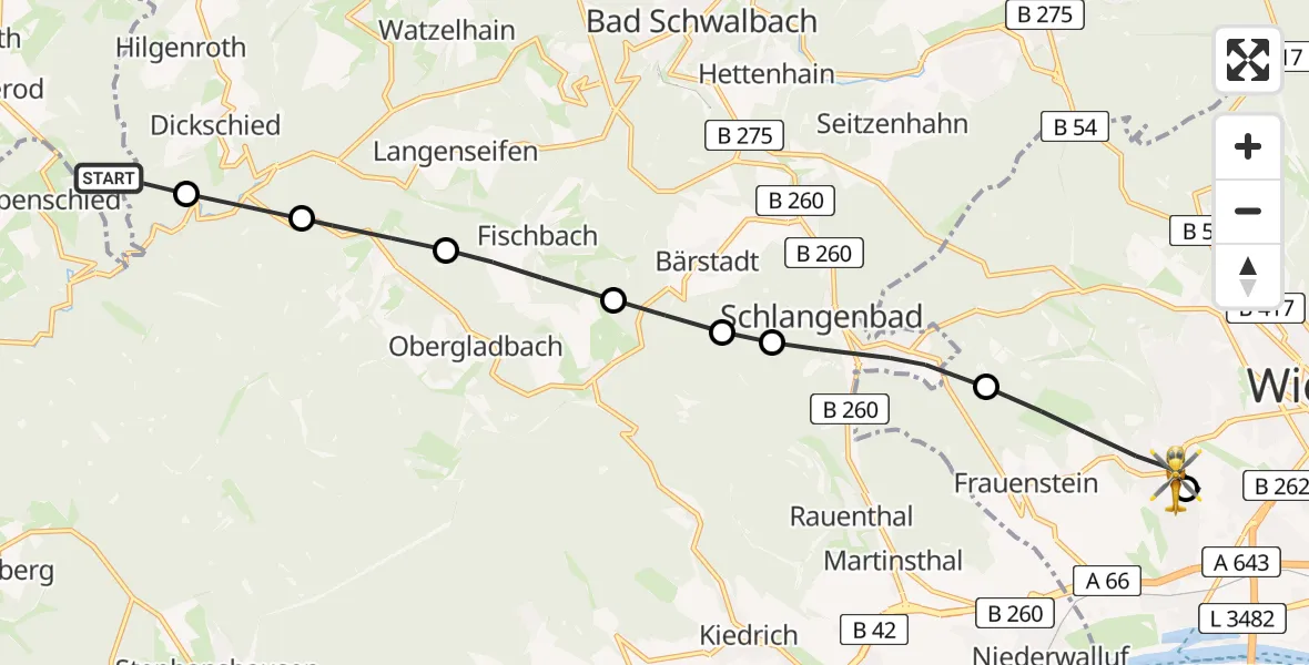Flugroute Rettungshubschrauber Welterod - Helios Horst Schmidt Klinik (HSK) Hubschrauberlandeplatz, 01 Juli 2026, 09:42