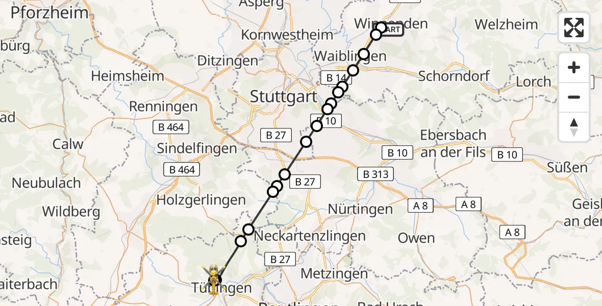 Flugroute Rettungshubschrauber Winnenden - Tübingen University Hospital, 01 Juli 2026, 09:47