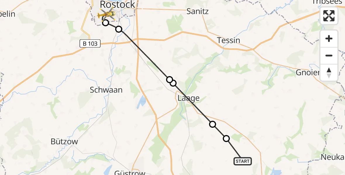 Flugroute Rettungshubschrauber Dalkendorf - Rostock, 01 Juli 2026, 09:52