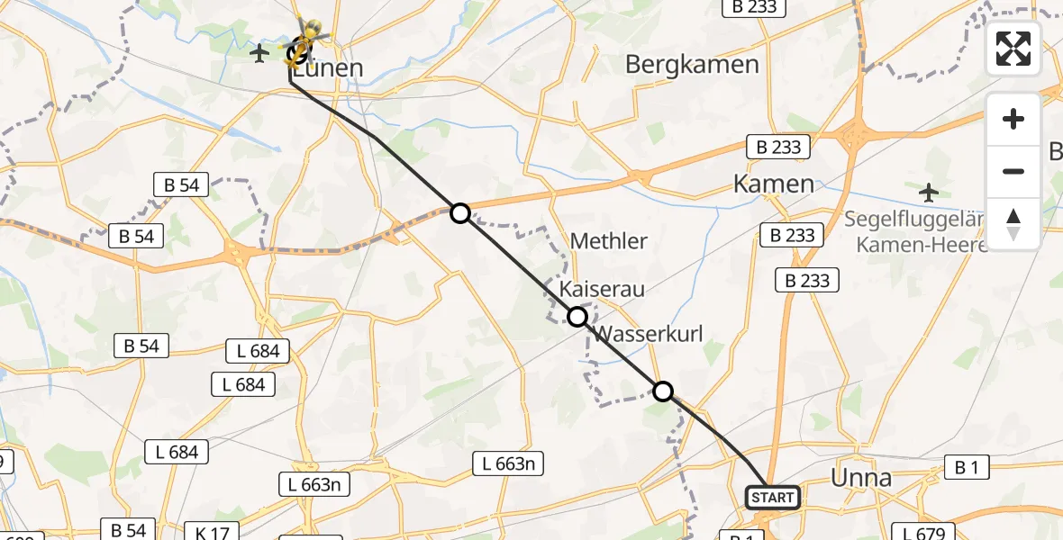 Flugroute Rettungshubschrauber Unna - Sankt Marien Hospital, 01 Juli 2026, 09:59