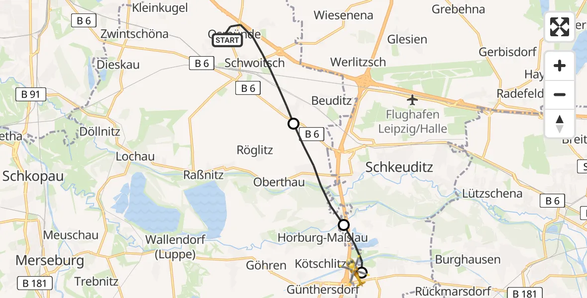 Flugroute Rettungshubschrauber Kabelsketal - ADAC Air Rescue Station Leipzig/Schkeuditz-Dölzig Hubschrauberlandeplatz (Christoph 61), 01 Juli 2026, 10:02
