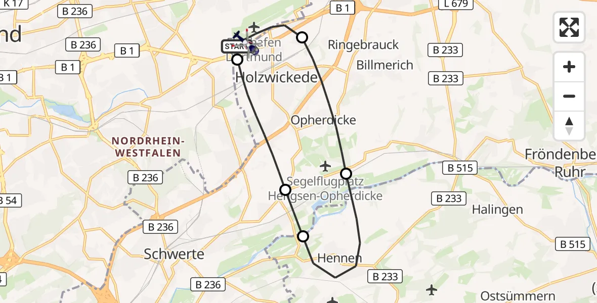 Flugroute Polizeihubschrauber Dortmund Flughafen - Dortmund Flughafen, 01 Juli 2026, 10:03