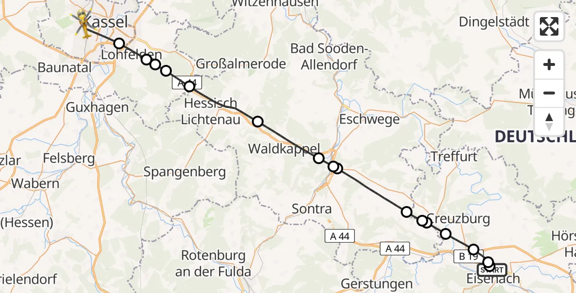 Flugroute Rettungshubschrauber Sankt Georg Hospital Eisenach - Kassel, 01 Juli 2026, 10:03