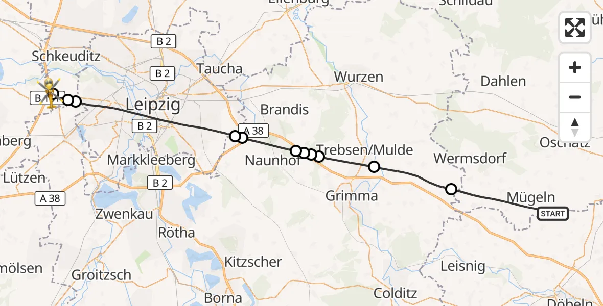Flugroute Rettungshubschrauber Mügeln - ADAC Air Rescue Station Leipzig/Schkeuditz-Dölzig Hubschrauberlandeplatz (Christoph 61), 01 Juli 2026, 10:04