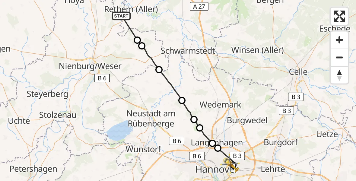 Flugroute Rettungshubschrauber Rethem (Aller) - Hannover Luftrettung Hubschrauberlandeplatz (Christoph 4), 01 Juli 2026, 10:05