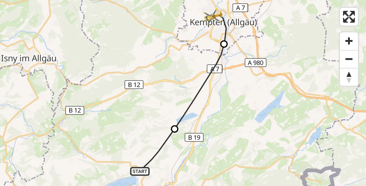 Flugroute Rettungshubschrauber Immenstadt i.Allgäu - Kempten (Allgäu), 01 Juli 2026, 10:06