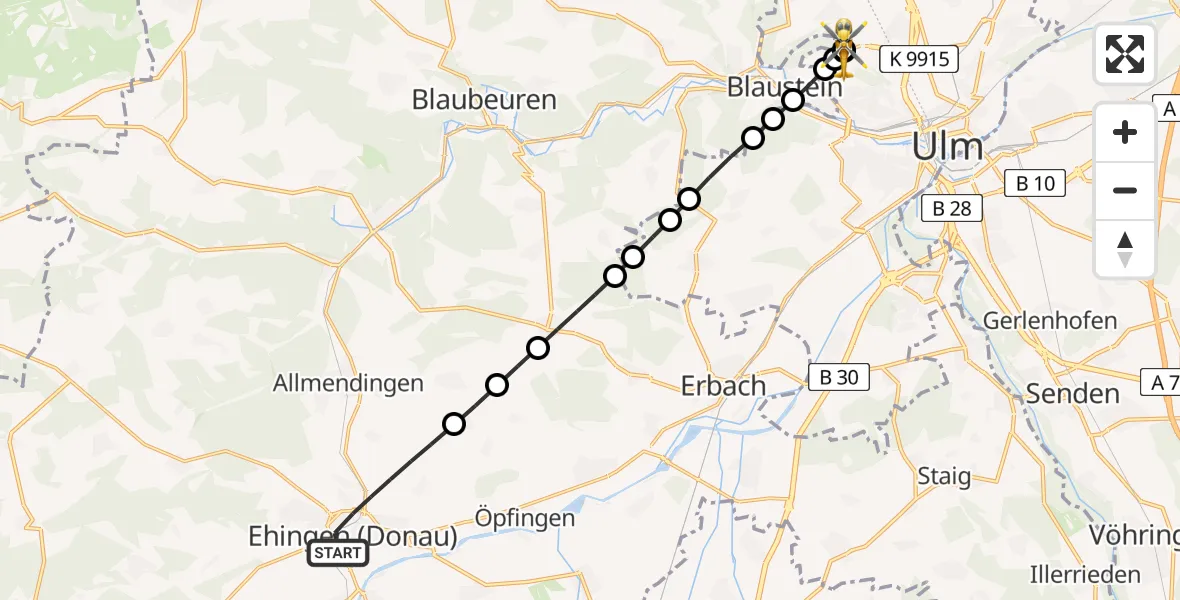 Flugroute Rettungshubschrauber Ehingen (Donau) - ADAC Air Rescue Station Ulm (Christoph 22), 01 Juli 2026, 10:09