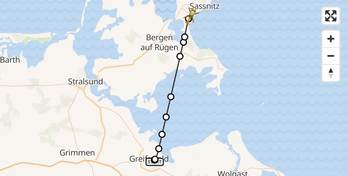 Flugroute Rettungshubschrauber Greifswald Hospital - Sassnitz, 01 Juli 2026, 10:10