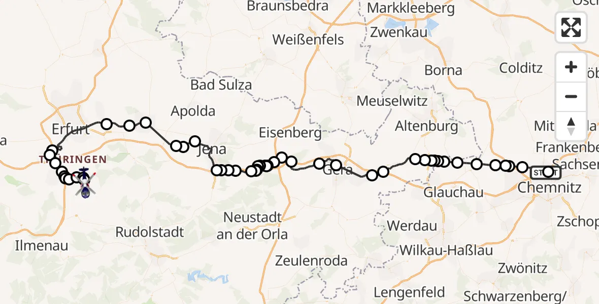 Flugroute Polizeihubschrauber Chemnitz-Glösa Industrial Park Hubschrauberlandeplatz - Osthausen-Wülfershausen, 01 Juli 2026, 10:10