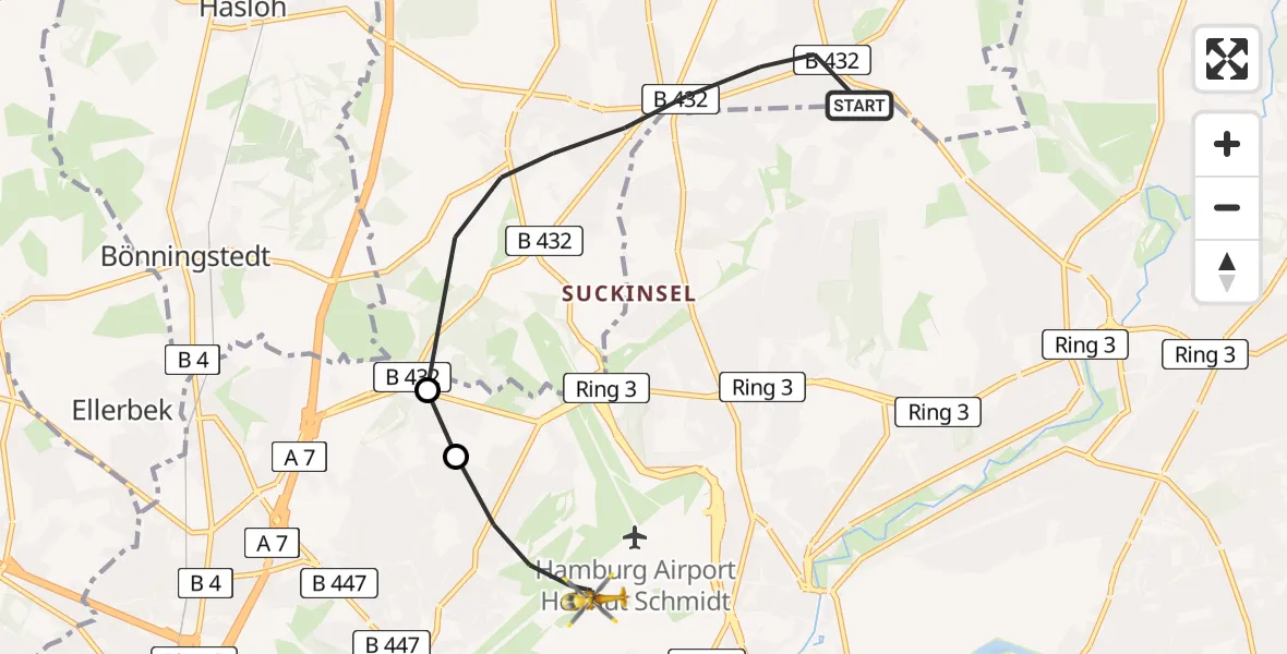 Flugroute Rettungshubschrauber Norderstedt - Hamburg Helmut Schmidt Flughafen, 01 Juli 2026, 10:10
