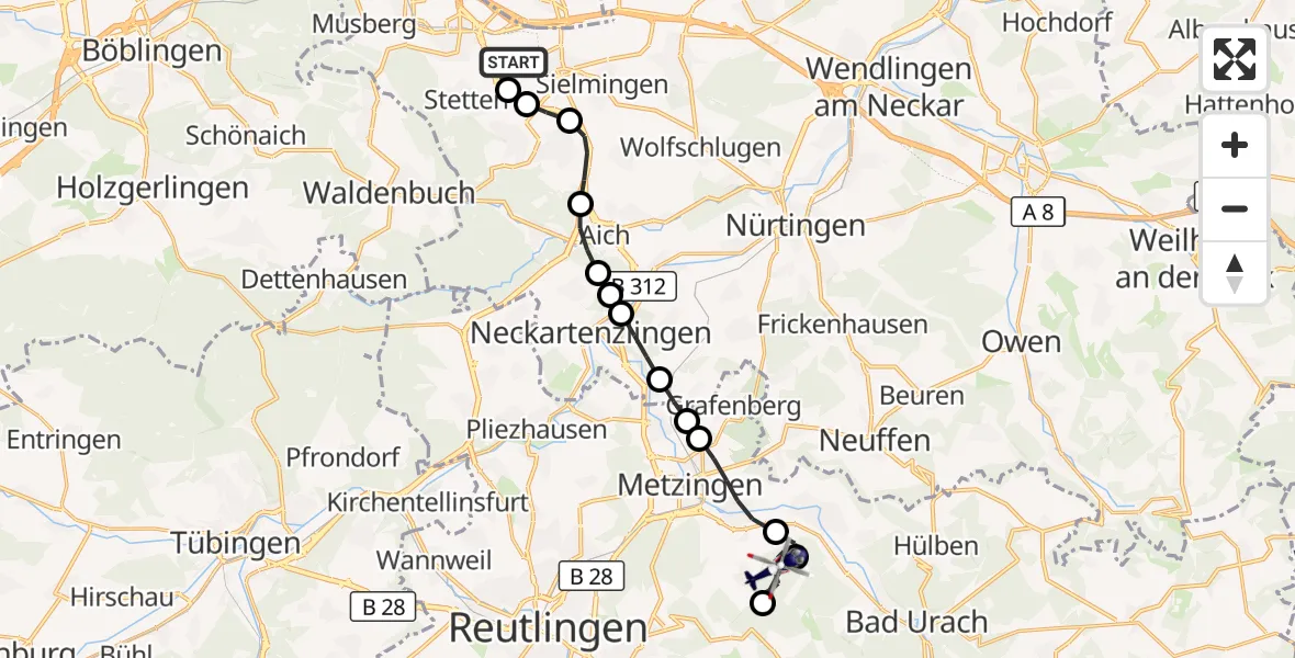 Flugroute Polizeihubschrauber Flughafen Stuttgart - Metzingen, 01 Juli 2026, 10:13