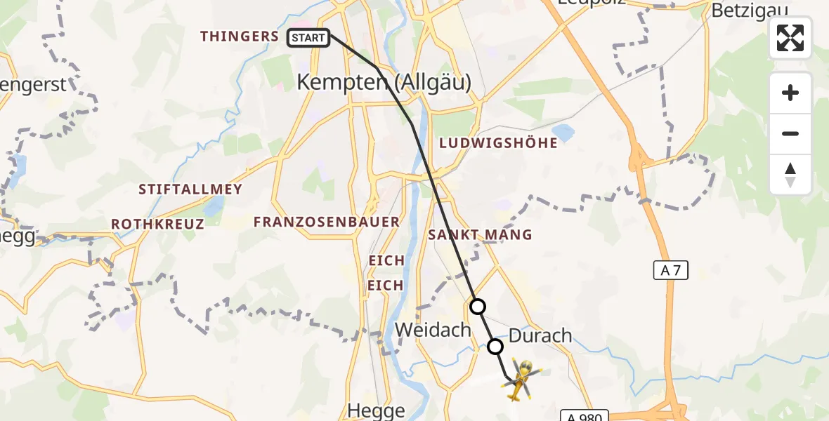 Flugroute Rettungshubschrauber Kempten (Allgäu) - Kempten-Durach Flugplatz, 01 Juli 2026, 10:22