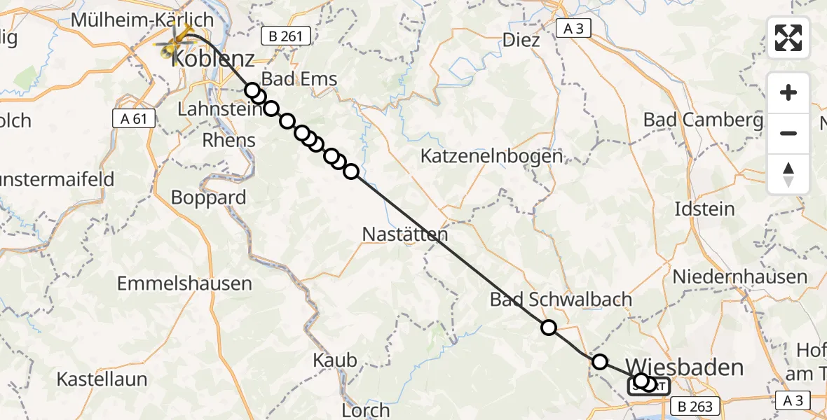 Flugroute Rettungshubschrauber Helios Horst Schmidt Clinic (HSK) - Koblenz, 01 Juli 2026, 10:22