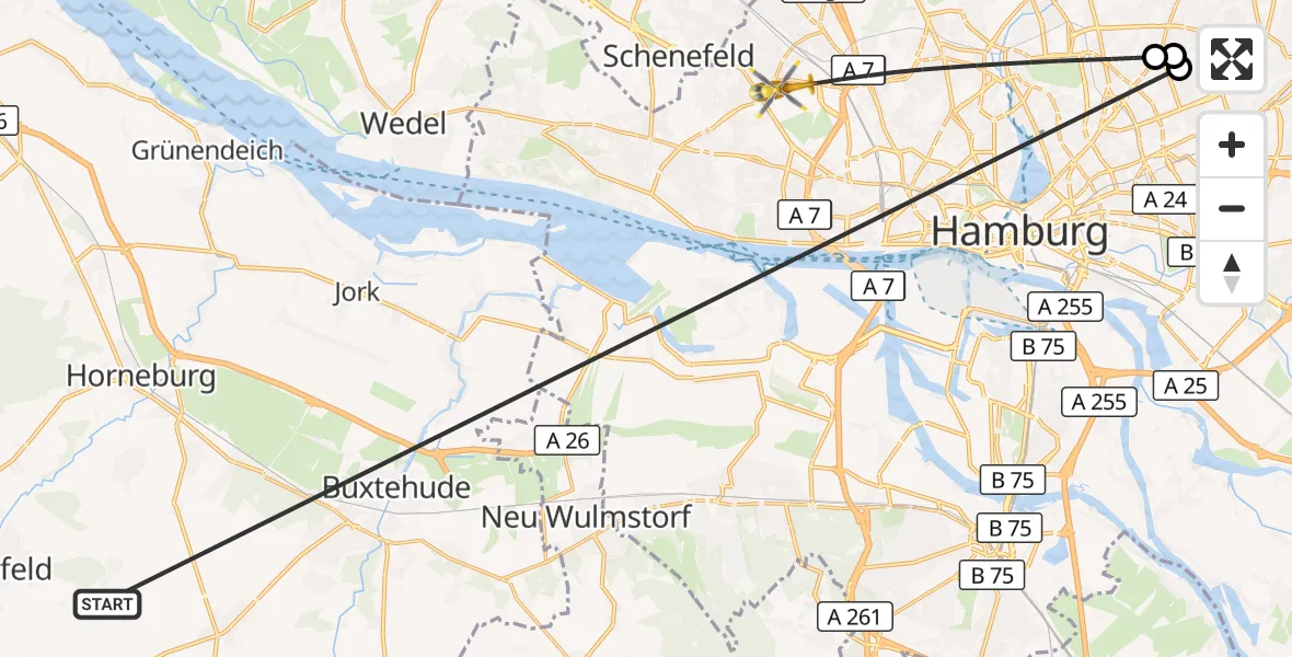 Flugroute Rettungshubschrauber Harsefeld - Hamburg, 01 Juli 2026, 10:24