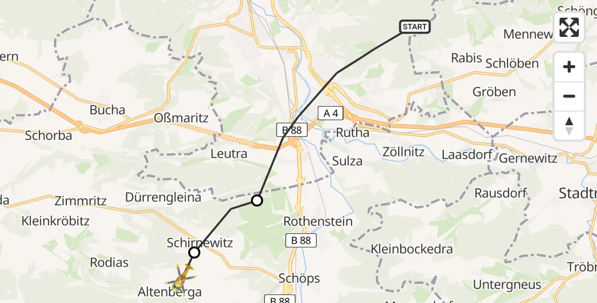 Flugroute Rettungshubschrauber Jena - Altenberga, 01 Juli 2026, 10:36