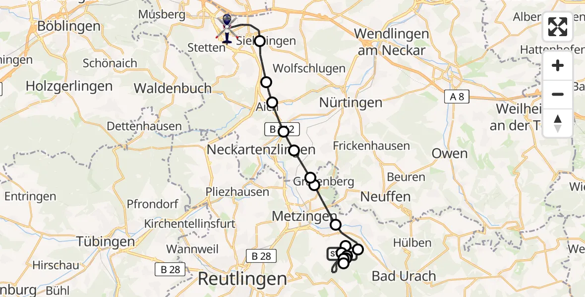 Flugroute Polizeihubschrauber Metzingen - Flughafen Stuttgart, 01 Juli 2026, 10:39