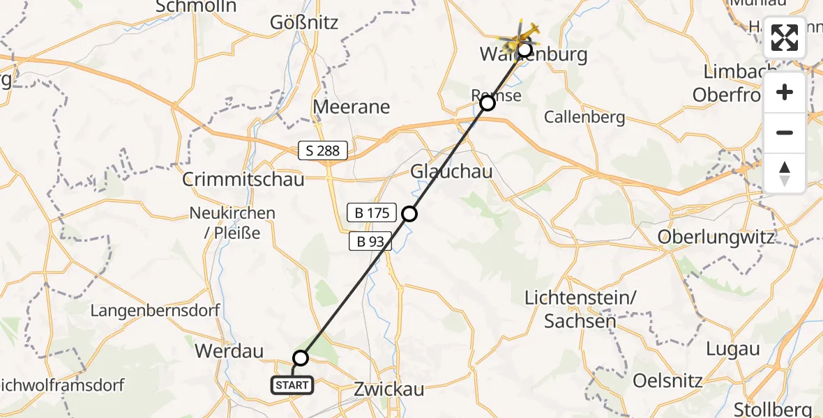 Flugroute Rettungshubschrauber Werdau - Waldenburg, 01 Juli 2026, 10:41