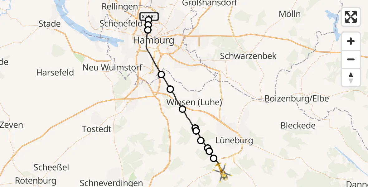 Flugroute Rettungshubschrauber Hamburg Helmut Schmidt Flughafen - Embsen, 01 Juli 2026, 10:48