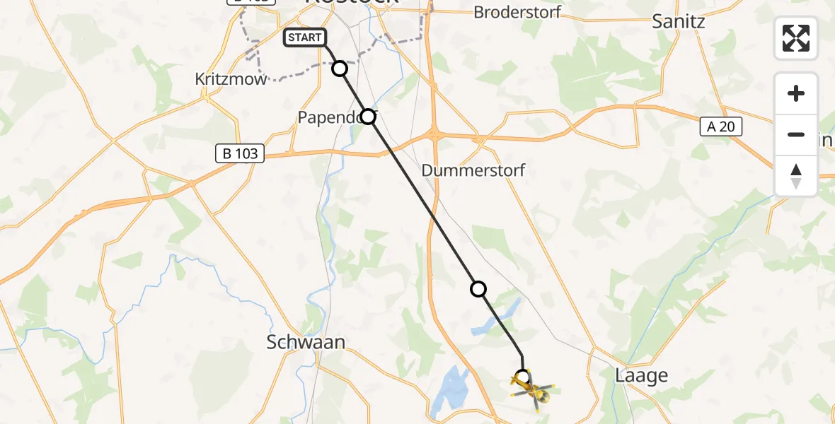 Flugroute Rettungshubschrauber Rostock - Flughafen Rostock-Laage, 01 Juli 2026, 10:49
