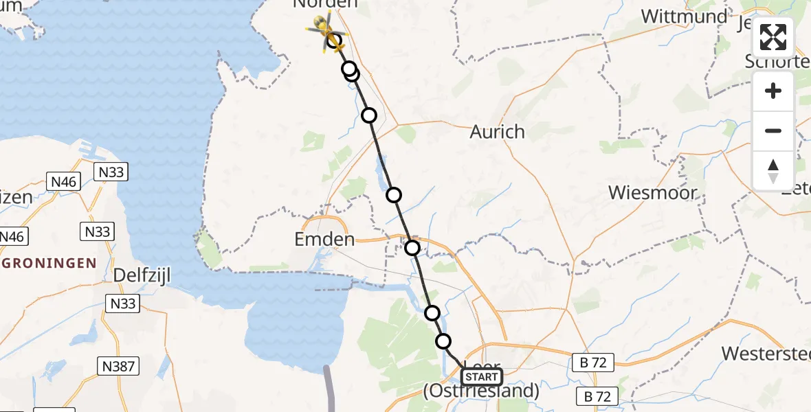 Flugroute Ambulanzhubschrauber Leer (Ostfriesland) - Norden, 01 Juli 2026, 10:50