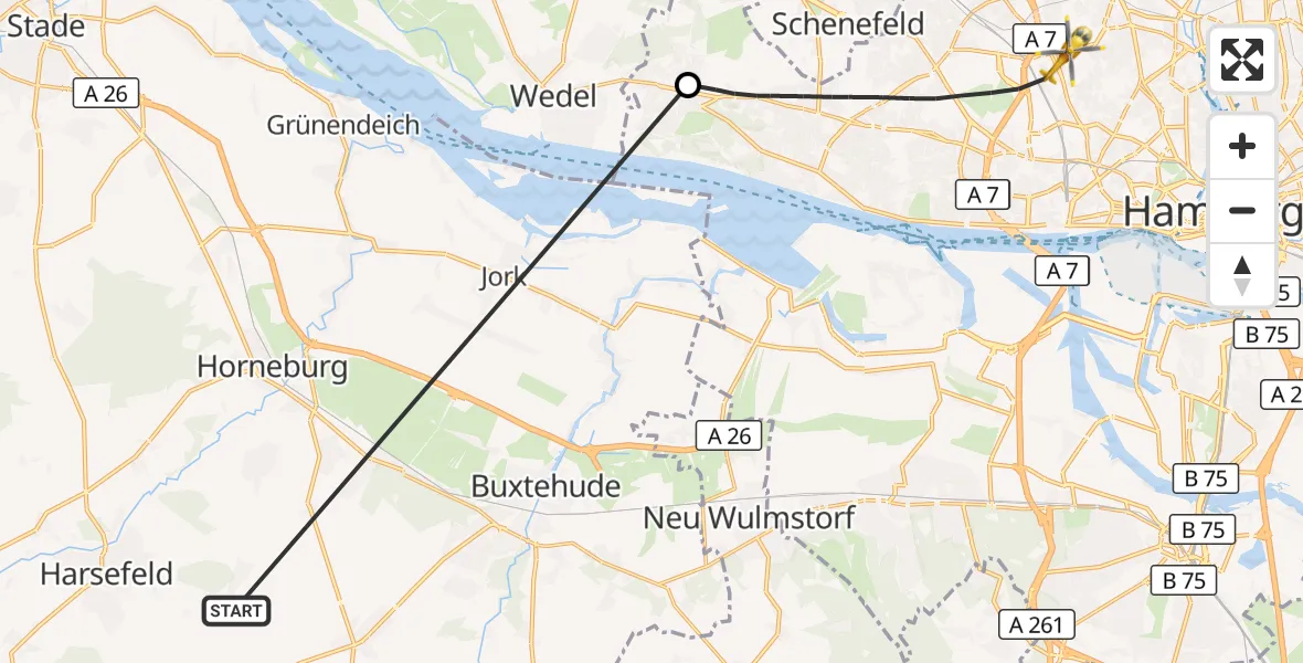 Flugroute Rettungshubschrauber Harsefeld - Hamburg, 01 Juli 2026, 10:59