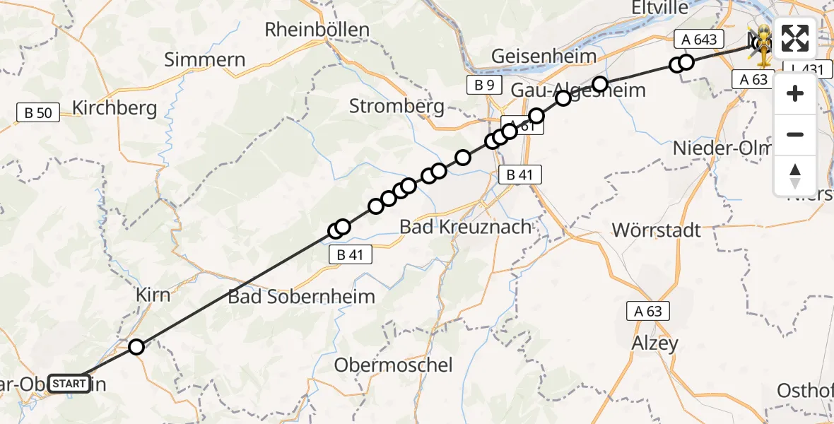 Flugroute Rettungshubschrauber Idar-Oberstein - Mainz University Hospital, 01 Juli 2026, 11:01