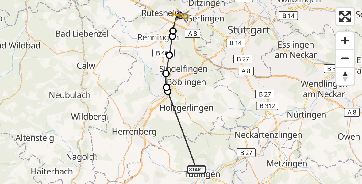 Flugroute Rettungshubschrauber Tübingen University Hospital - Leonberg Hospital Hubschrauberlandeplatz, 01 Juli 2026, 11:03