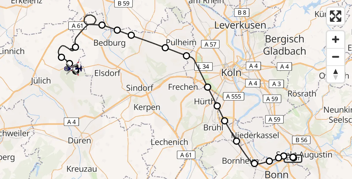 Flugroute Polizeihubschrauber Sankt Augustin - Titz, 01 Juli 2026, 11:09