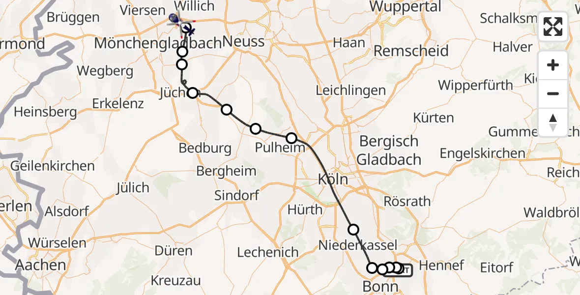 Flugroute Polizeihubschrauber Sankt Augustin - Mönchengladbach Flughafen, 01 Juli 2026, 11:09