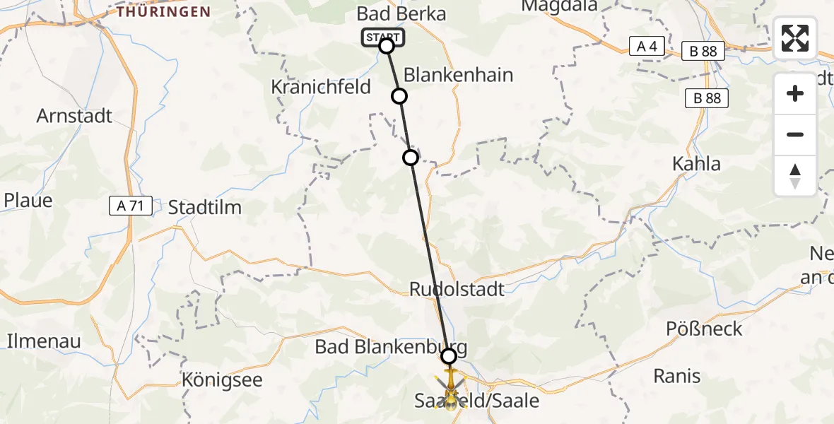 Flugroute Ambulanzhubschrauber Bad Berka Central Hospital - Saalfeld/Saale, 01 Juli 2026, 11:09