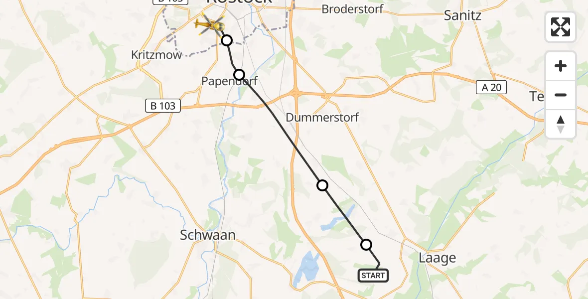 Flugroute Rettungshubschrauber Flughafen Rostock-Laage - Rostock, 01 Juli 2026, 11:11
