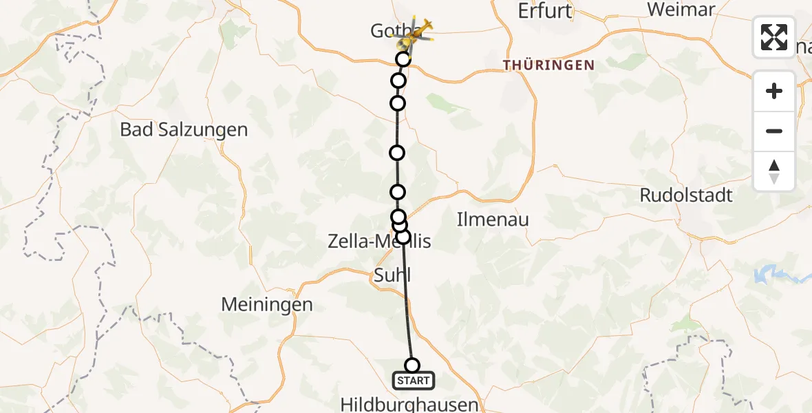 Flugroute Rettungshubschrauber Hildburghausen - Gotha, 01 Juli 2026, 11:11
