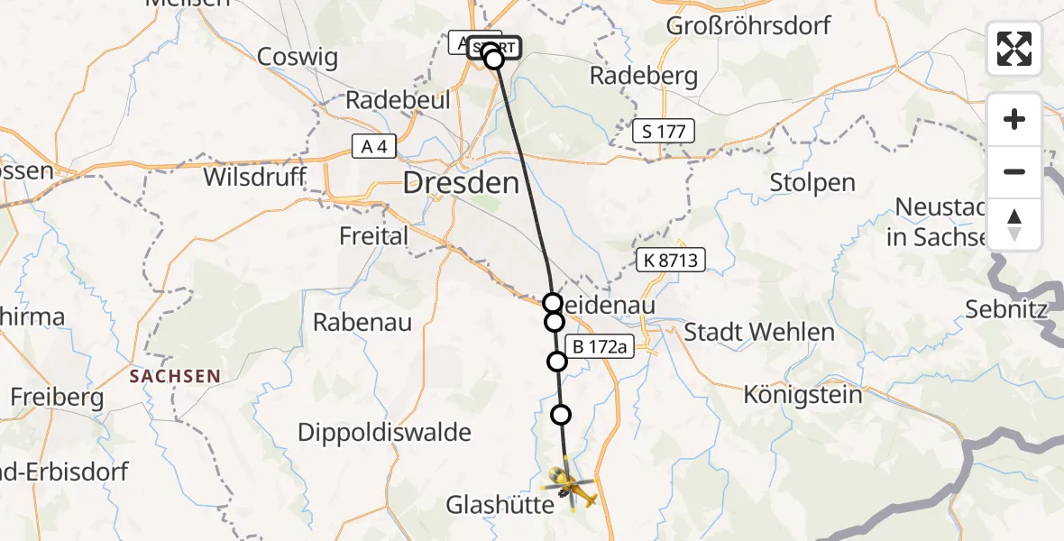Flugroute Rettungshubschrauber Dresden Bundespolizei Hubschrauberlandeplatz - Liebstadt, 01 Juli 2026, 11:21