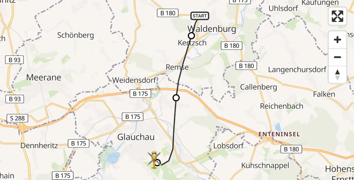 Flugroute Rettungshubschrauber Waldenburg - Rudolf Virchow Hospital Glauchau, 01 Juli 2026, 11:23