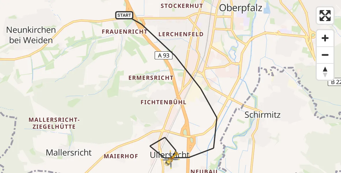 Flugroute Rettungshubschrauber Weiden i.d.OPf. - Weiden i.d.OPf., 01 Juli 2026, 11:28